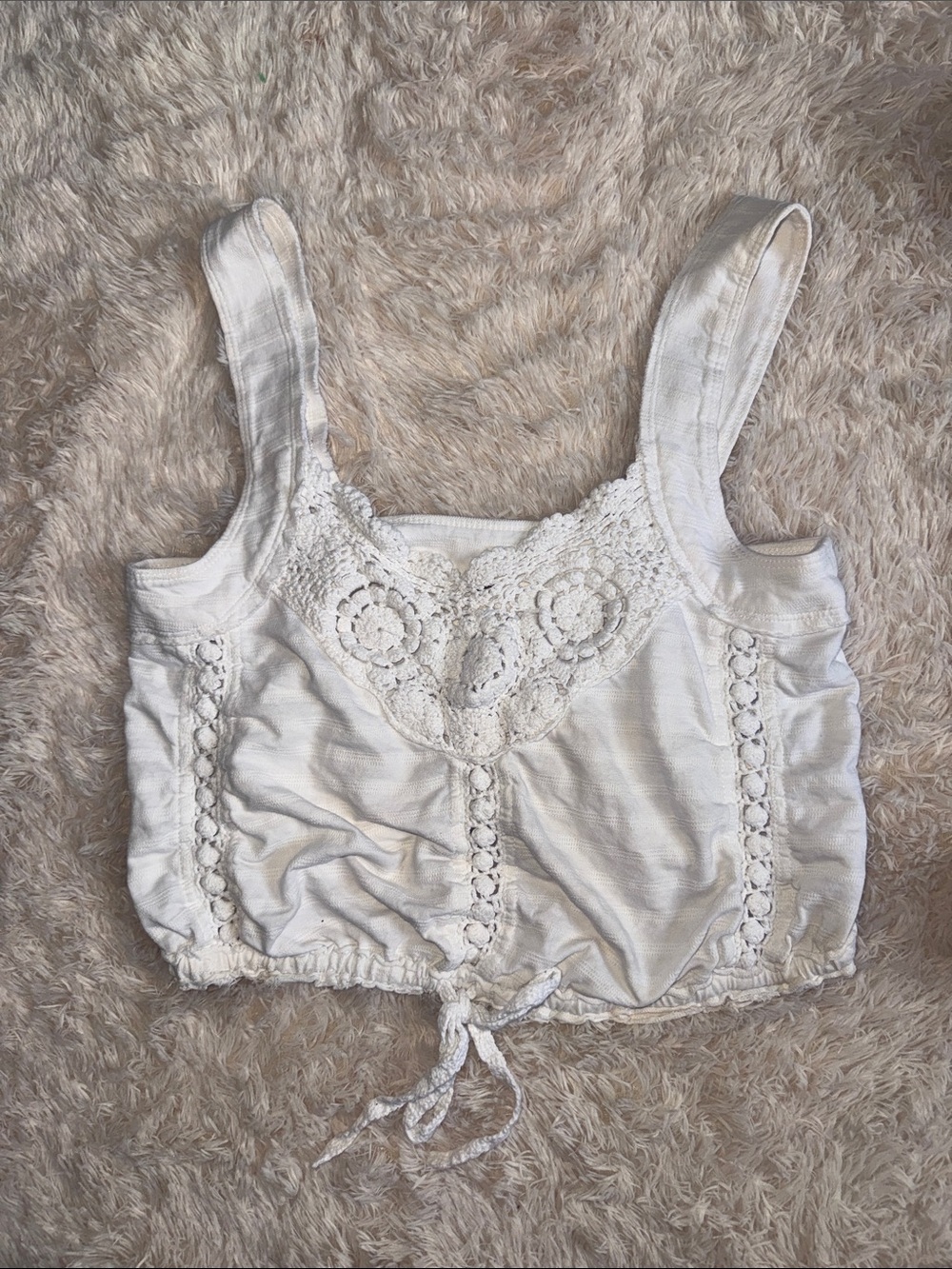 Free People Cream Crochet-Front Drawstring Cropped Tank